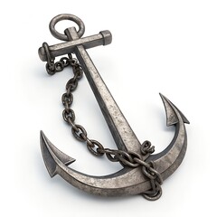 Old Metal Anchor with Chain Isolated. A weathered metal anchor with an attached chain, isolated on white background, symbolizing stability, nautical themes, and maritime concepts