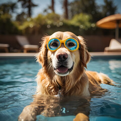 Golden Retriever wearing beautiful diving goggles, lying in the pool
