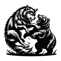 Obraz premium A wolf battling a bear black color vector isolated white background 