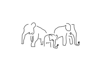 Fototapeta premium line abstract illustration depicting people joyfully playing with an elephant in the water, set against the backdrop of a traditional Thai temple.