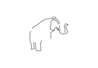 line abstract illustration depicting people joyfully playing with an elephant in the water, set against the backdrop of a traditional Thai temple.