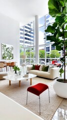 Fototapeta premium Modern Open Concept Living Room Interior Design Minimalist Decor City View