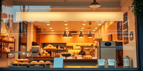 Brightly lit shopfront of a cafe, showcasing pastries and coffee, food,  illumination