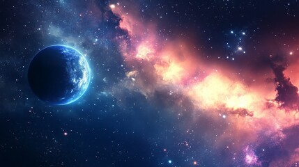 Obraz premium Cosmic outer space background with vibrant nebula, distant stars, and glowing galactic clouds in a deep universe scene