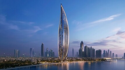 Fototapeta premium Lighthouse in Dubai offering luxury apartments with bespoke interiors, natural light-filled spaces, and private outdoor areas, a perfect blend of style and tranquility. 