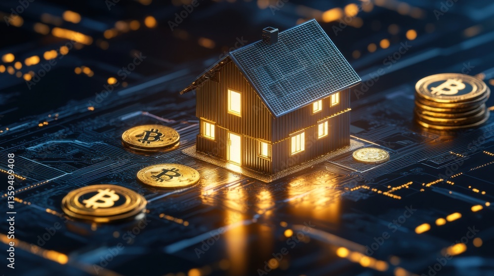 Poster futuristic digital rendering of a house floating above stacks of cryptocurrency coins in an augmente
