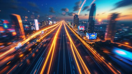 Fototapeta premium Urban highway at dusk with vibrant city lights and movement captured in stunning view