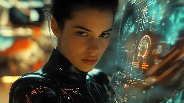 Futuristic video, young woman in a sleek suit interacting with holographic display, science fiction