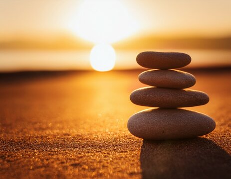 stack of zen stones in golden warm sunlight inner peace harmony balance concept