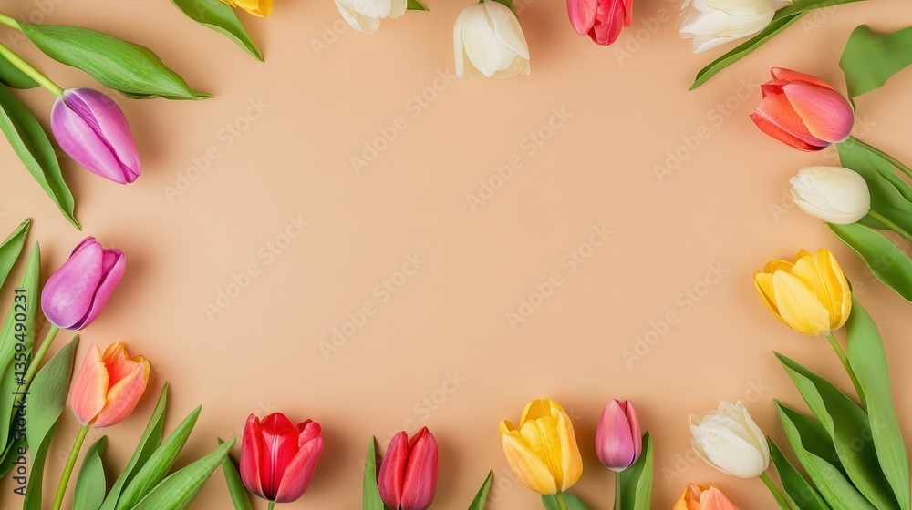 Poster a vibrant arrangement of colorful tulips arranged in a circular pattern on a soft, neutral backgroun