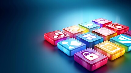 Vibrant and colorful application icons are arranged on a dark background