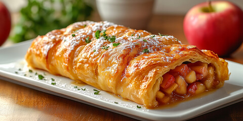Whole apple strudel displayed on a white plate with decorative elements and fresh apples in the background