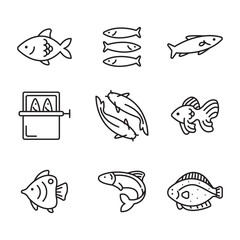Naklejka premium Set of fish themed editable line art icons