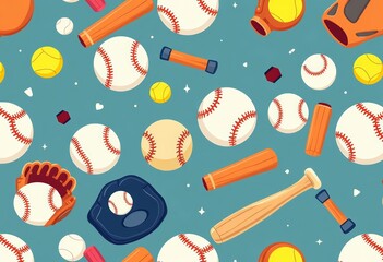 Cartoon baseball, softball, bat, and glove seamless pattern Fun vector illustration for sports fans, tile, vintage