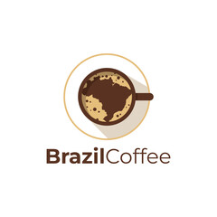 Brazil map on cup logo design template. Brazilian coffee logo design vector. Brazil map vector with leaf and coffee bean logo icon symbol.