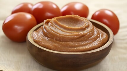 Delicious Homemade Tomato Paste in Wooden Bowl with Fresh Tomatoes