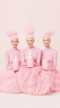 Three models showcase elegant fashion and beauty products while dressed in pink attire, creating a visually stunning display with soft pastel tones. Ideal for Social Media, Stories, Advertising