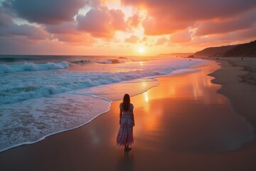 Obraz premium Lonely Woman on Isolated Beach at Sunrise, Captured from Above with Waves and Vibrant Sky