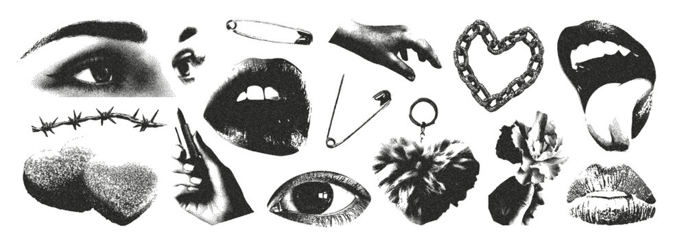 Trendy elements glamour style with vintage photocopy texture. Vector eyes, hands, flower, heart, flower, cupcake, pin, chain. Modern retro grunge vector illustration.