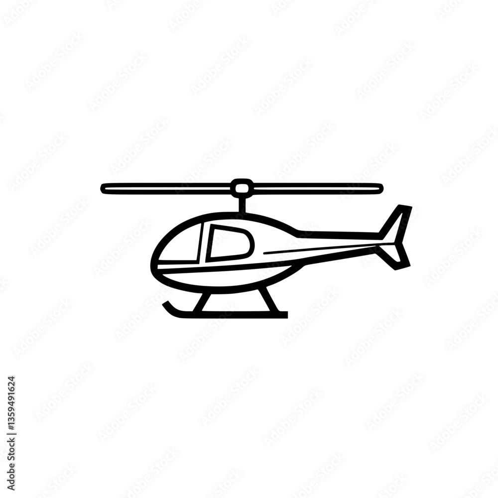 Poster line art representation of a helicopter featuring a rotor and tail fins presented in a clean graphic