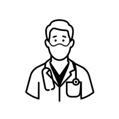 Fototapeta premium Line art illustration of a medical professional wearing a lab coat stethoscope and face mask in a minimalist style