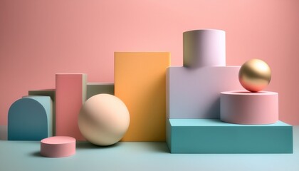 Abstract 3D geometric shapes in pastel colors, soft shadows, clean and minimalistic design