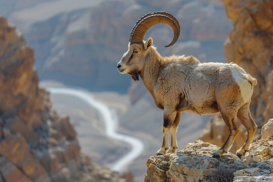Capra aegagrus Bezoar ibex standing proudly rocky cliffside Middle East long curved horn spiraling toward sky ibex's powerful muscle thick rugged fur contrast barren yet beautiful landscape Below