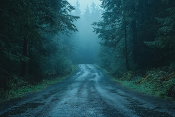 Fototapeta premium A winding road cuts through a dense forest, enveloped in vibrant shades of green under a clear blue sky, creating a serene and picturesque scene.