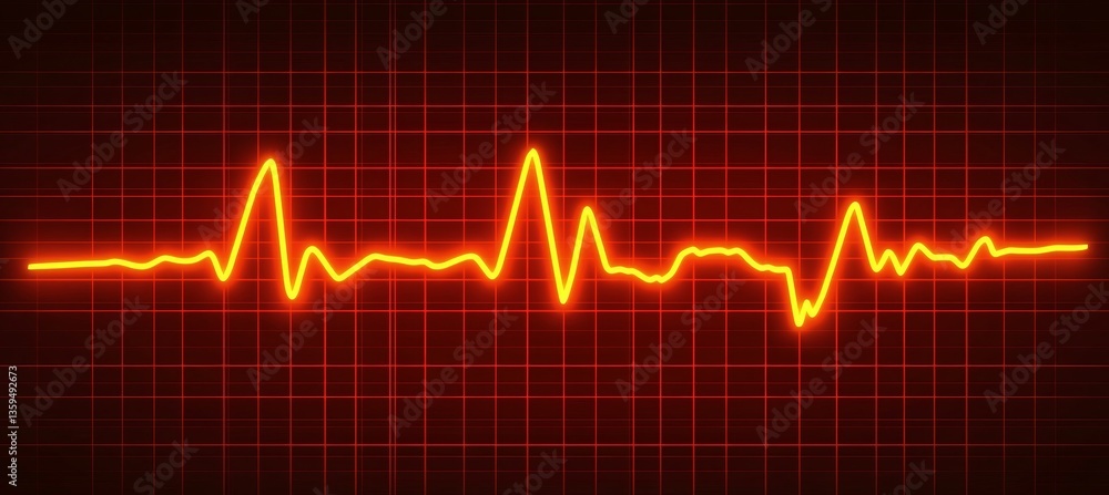 Poster electrocardiogram ecg line on red grid background with glowing yellow highlight, minimal