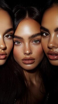 Three models showcase radiant beauty with stunning makeup and hair in captivating close-up shot. Ideal for Social Media, Stories, Advertising