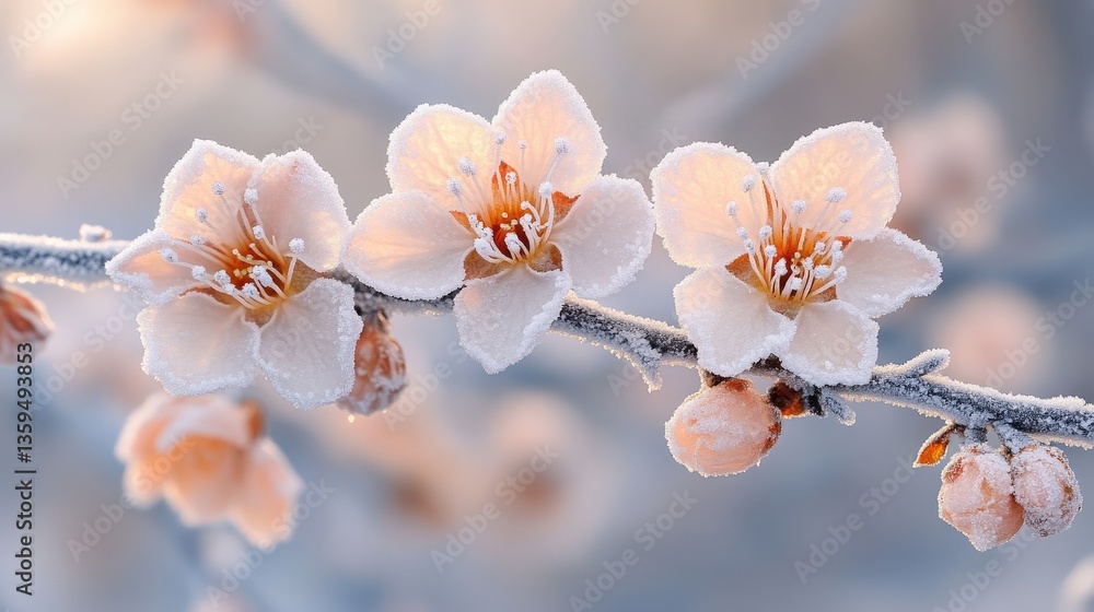 Poster delicate blossoms covered in frost, creating a serene winter scene with soft colors and a gentle atm