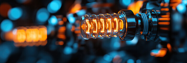 Close-up of Illuminated Spiral Filament Light Bulb with Metallic Base