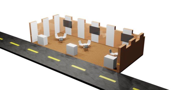 3D model of a road with a rest stop for travelers