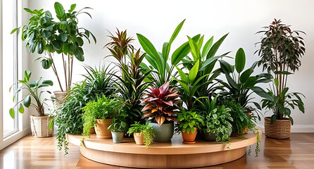 Obraz premium Lush Indoor Plant Arrangement on Wooden Stand