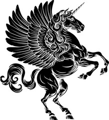 Obraz premium Unicorn horn Pegasus flying horse with wings mythological animal from myth. For a crest in rampant pose. Heraldic coat of arms heraldry design element in a vintage illustration style.