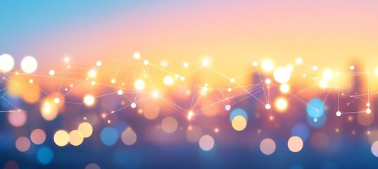 Connected City Skyline Urban Night Scene with Futuristic Network and Vibrant Bokeh Lights