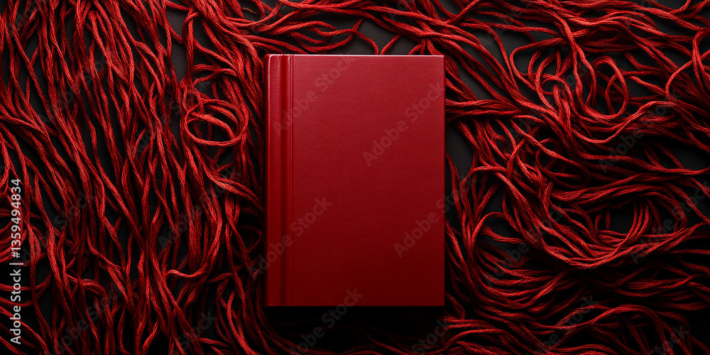 Aufkleber Red book cover mockup on tangled red string background, showcasing minimalist design and free space for text or branding