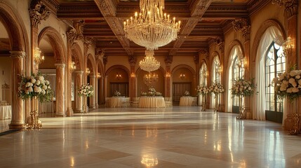 Obraz premium Castle ballroom with gleaming marble floors, high ceilings adorned with frescoes, gilded columns, and a massive crystal chandelier illuminating the grand space. 