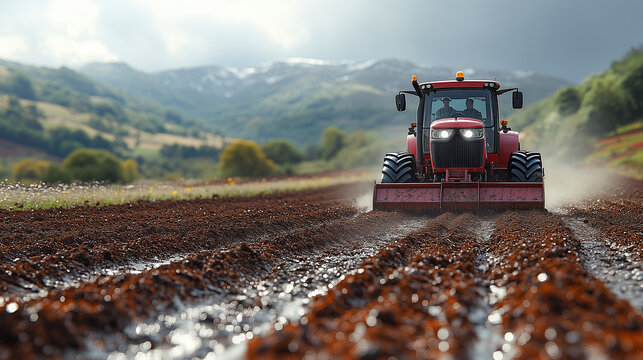 Tractor cultivates wet soil in a scenic field surrounded by mountains under cloudy skies