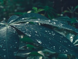  A close-up shot shows dark green leaves covered in sparkling water droplets, creating a fresh and natural scene.
