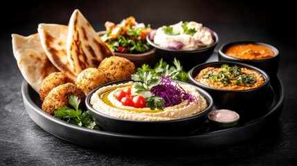 Delicious Middle Eastern Mezze Platter  Hummus  Falafel  Baba Ghanoush   Pita