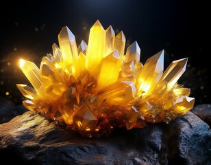 bright yellow crystal cluster on dark rock background display