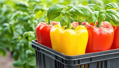 A vibrant assortment of red and yellow bell peppers topped with fresh basil, showcased in a black basket against a lush green background.