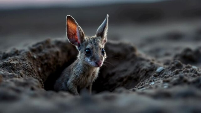 A jerboa emerges from its burrow at dusk, its big ears twitching as it cautiously surveys the desert, preparing to forage for food under the fading light..