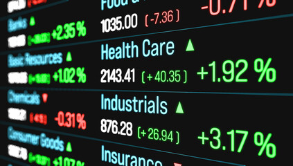 Obraz premium Sector index data, health care, industrials, insurance. Business, trading, investment. 3D illustration