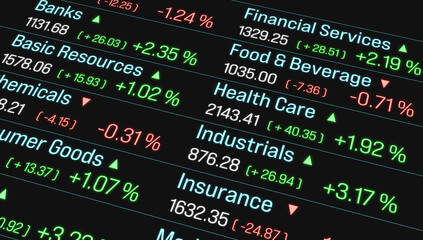 Naklejka premium Market data, stock exchange, invesment, sector index information.. Business, trading, investment. 3D illustration