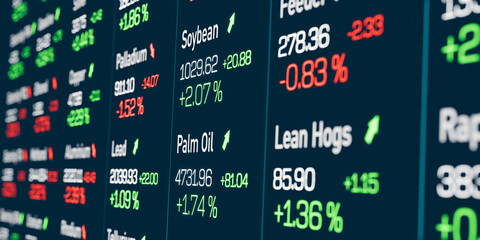 Fototapeta premium Commodity trading screen with slightly defocus. Commodities like soybean, palm oil, lean hogs. Business, marekt research, financial market. 3D illustration
