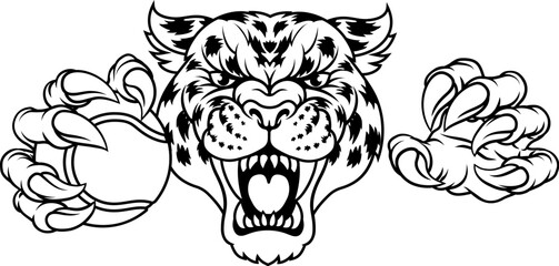 A jaguar, panther, leopard or cheetah wildcat spotted cat tennis sports team mascot holding a ball