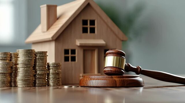 Wooden judge gavel is deciding about house auction or real property during divorce conceptual image division estate Copy space for text video 4k