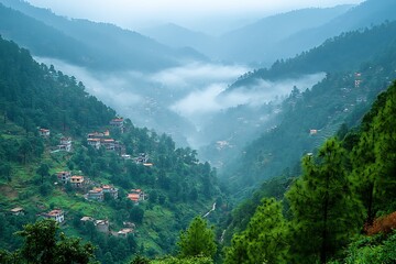 Fototapeta premium A foggy mountain valley with houses surrounded by lush greenery